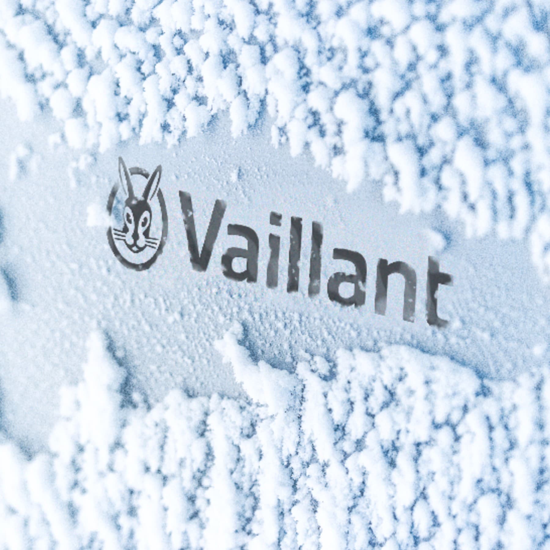 Logótipo da Vaillant numa bomba de calor coberta de neve