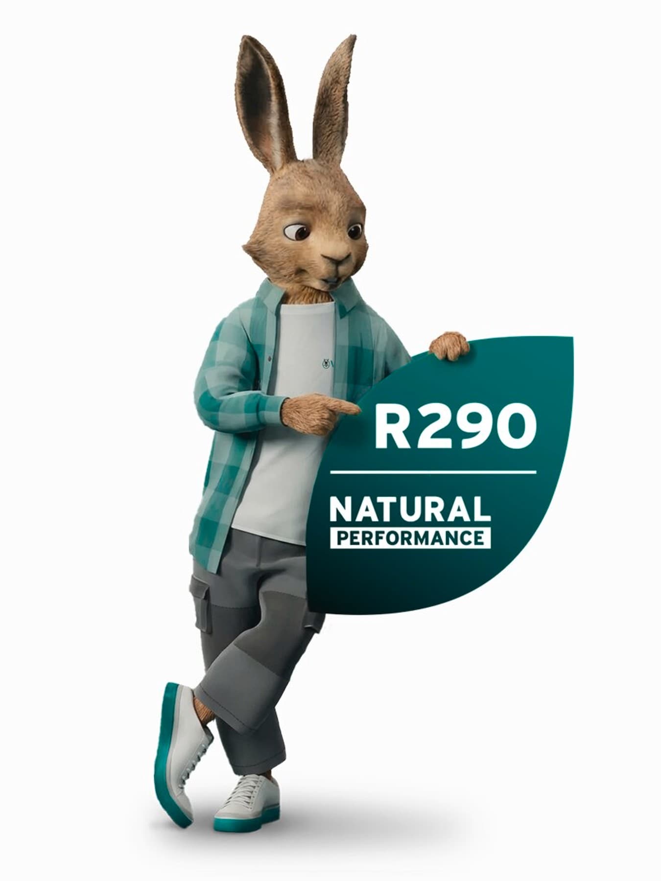 Lebre Vaillant com logótipo de refrigerante natural em frente a uma bomba de calor aroTHERM plus