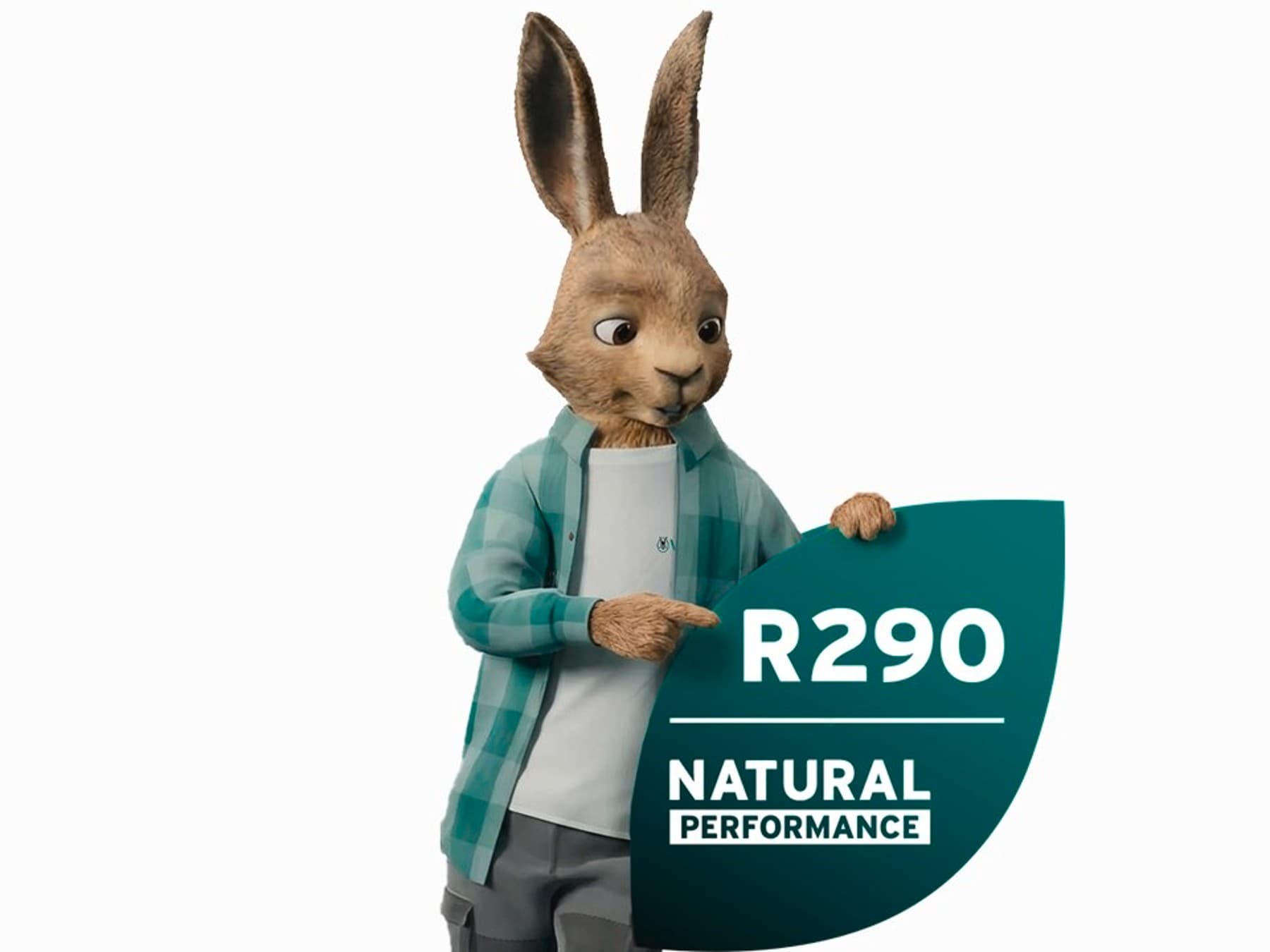 Lebre Vaillant com logótipo de refrigerante natural em frente a uma bomba de calor aroTHERM plus